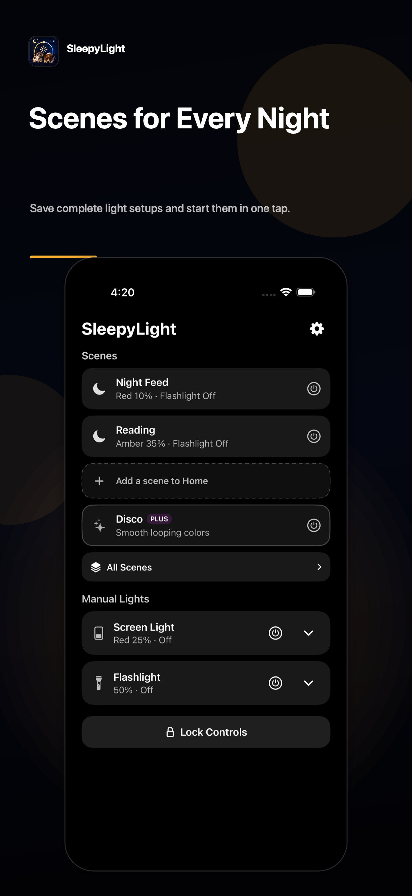SleepyLight Home with saved Night Feed and Reading scenes, Disco Mode, and manual light controls.