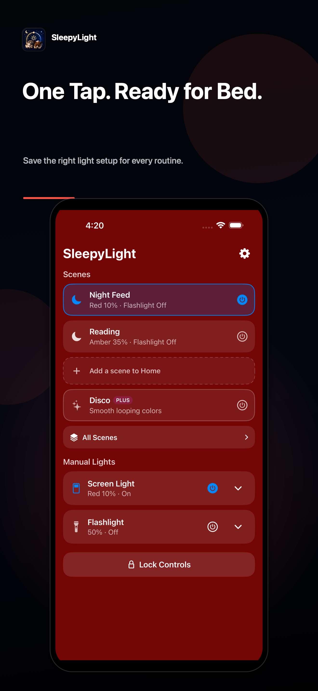 Night Feed active with a red Screen Light and the complete Home controls.