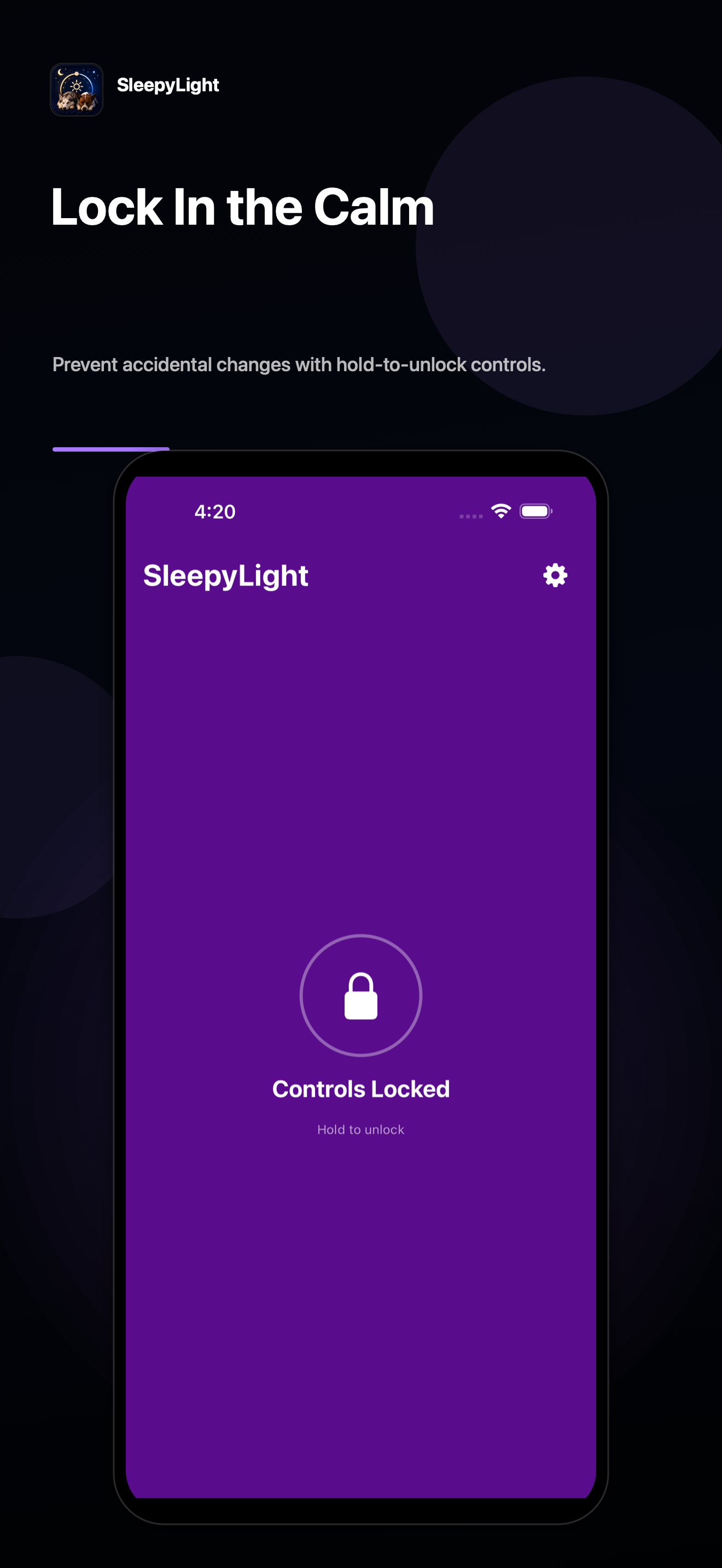 Purple locked-light screen with the hold-to-unlock control.